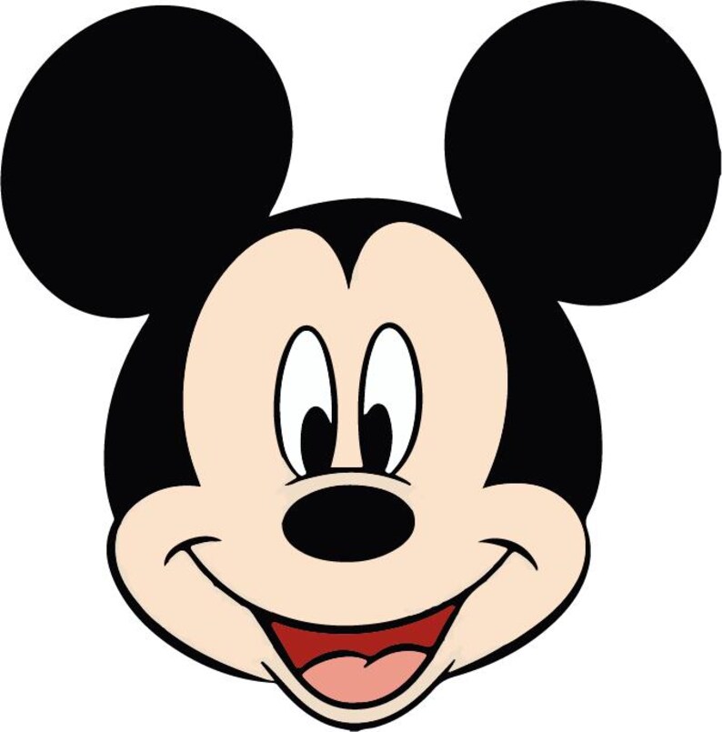 Op de afbeelding: Een cartoon illustratie van Mickey Mouses gezicht. Het personage heeft grote zwarte oren, een lichte huidskleur en een zwarte neus. Zijn mond staat open in een glimlach, met een rode tong en roze binnenkant van de mond.