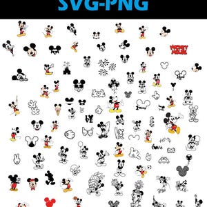 Op de afbeelding: Een verzameling Mickey Mouse-illustraties in verschillende poses en stijlen, waaronder full-body, headshots en outlines. De ontwerpen tonen Mickey in rood, geel, zwart en wit, met de tekst "SVG-PNG" bovenaan.