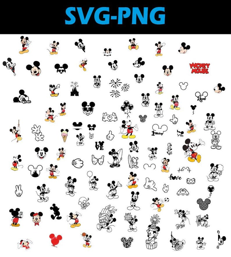 Op de afbeelding: Een verzameling Mickey Mouse-illustraties in verschillende poses en stijlen, waaronder full-body, headshots en outlines. De ontwerpen tonen Mickey in rood, geel, zwart en wit, met de tekst "SVG-PNG" bovenaan.