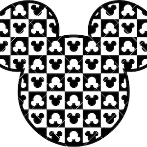 Op de afbeelding: Zwart-wit afbeelding van Mickey Mouses hoofd en oren. Het ontwerp is gevuld met een dambordpatroon van zwarte en witte vierkanten, elk met een Mickey Mouse-silhouet. De omtrek van het hoofd en de oren is effen zwart.