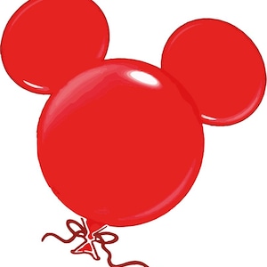 Op de afbeelding: Een felrode ballon in de vorm van een muizenkop, met twee grote ronde oren en een ronde kop. De ballon is vastgebonden met een rood lint en strik, perfect voor een feest of viering.