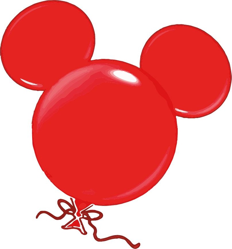 Op de afbeelding: Een felrode ballon in de vorm van een muizenkop, met twee grote ronde oren en een ronde kop. De ballon is vastgebonden met een rood lint en strik, perfect voor een feest of viering.