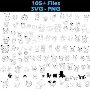 May include: A collection of over 105 black and white line art illustrations featuring various Pokémon characters, including Pikachu, in different poses and outfits. The text 105+ Files SVG - PNG is displayed at the top of the image.