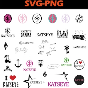 May include: A collection of digital graphic designs featuring the text KATSEYE in various fonts and styles, alongside icons including stars, hearts, cherries, an anchor, a key, and signatures. The graphics are presented in black, pink, and teal.