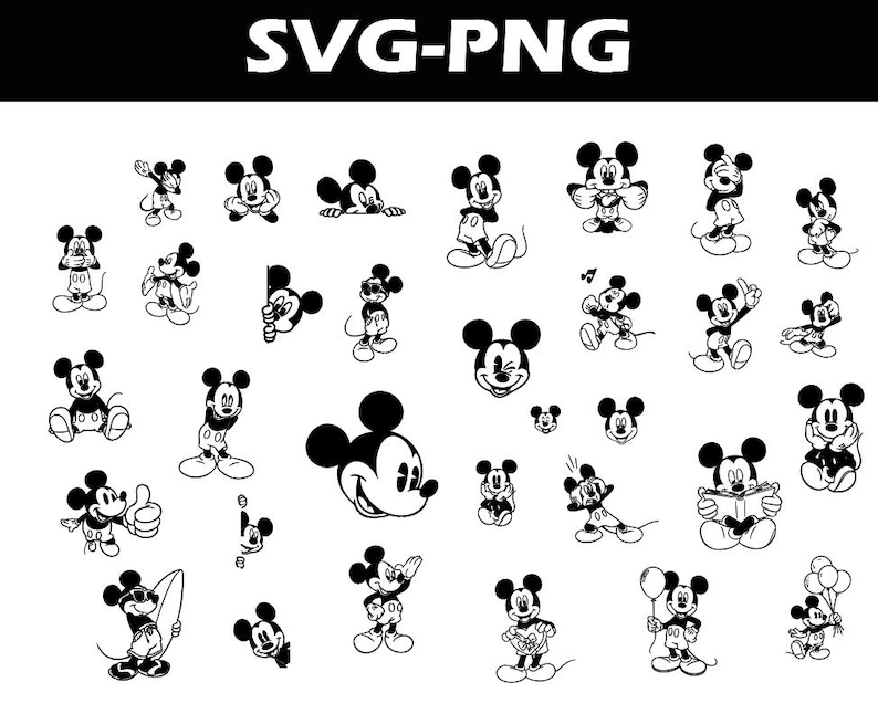 Może przedstawiać: Czarno-biały obraz SVG-PNG z wieloma ilustracjami Myszki Miki w r&oacute;żnych pozach. Myszka Miki jest przedstawiona uśmiechnięta, machająca, czytająca i trzymająca balony. Obraz nadaje się do projekt&oacute;w rzemieślniczych i projekt&oacute;w cyfrowych.