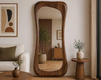 Walnut Wood Irregular Mirror, Asymmetrical Wall Decor, Natural Accent Mirror