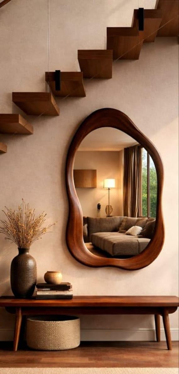 Walnut Wood Asymmetrical Mirror, Irregular Wall Decor, Natural Framed Mirror