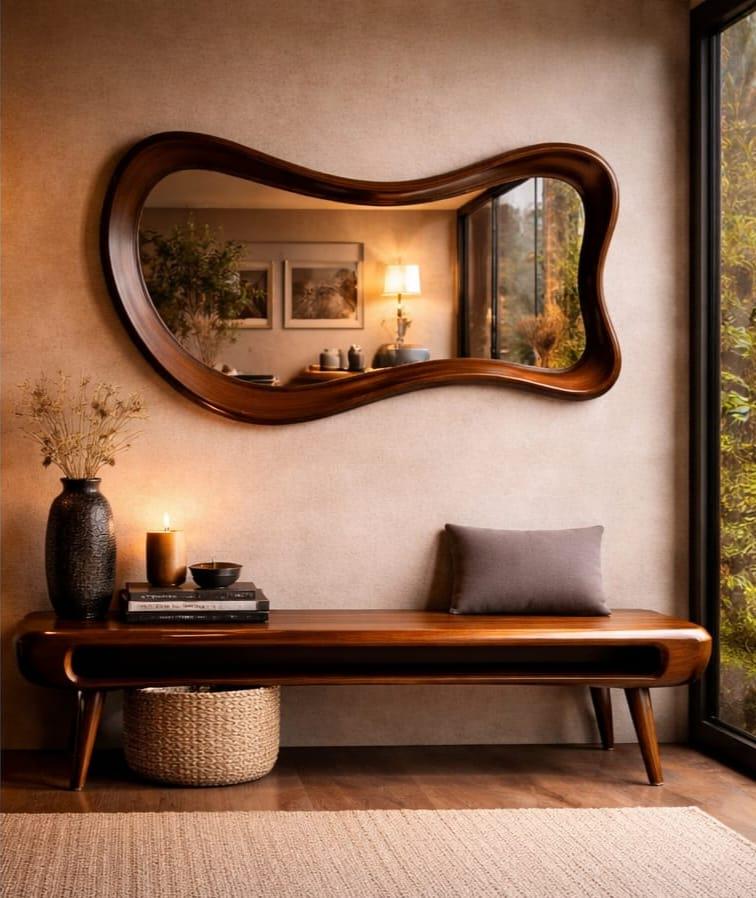 Walnut Irregular Mirror, Asymmetrical Wooden Wall Decor, Entryway Mirror