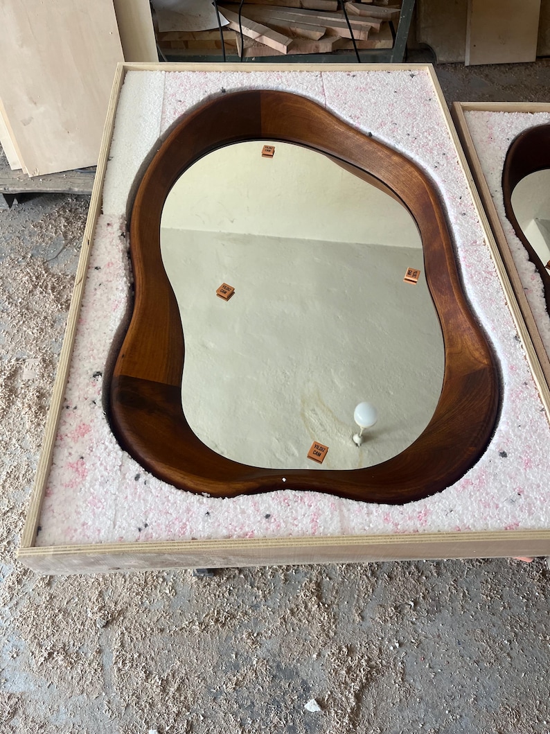 Walnut Wood Asymmetrical Mirror, Irregular Wall Decor, Natural Framed Mirror image 2