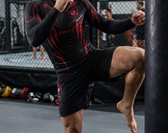 Skymi Pro Red Dragon Eye BJJ MMA Rash Guard & Vale Tudo Shorts Set