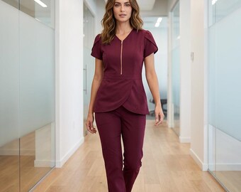 Women's Wine Red Zip-Front Scrub Set – Slim Fit Stretch Healthcare Uniform