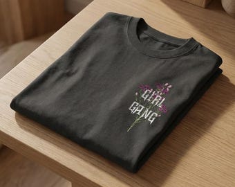 Girl Gang Floral Graphic T-Shirt, Minimalist Black Streetwear Top