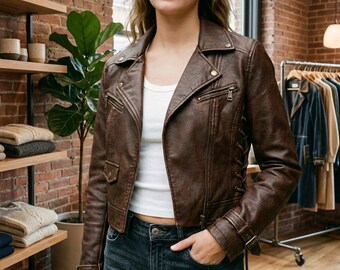 Brown Leather Biker Jacket Women, Vintage Slim Fit Moto Streetwear