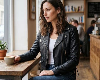 Women's Black Faux Leather Biker Jacket, Slim Fit Moto Streetwear