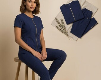 Blue Zip-Front Medical Scrubs Set: Slim Fit, Stretch Fabric Healthcare Uniform