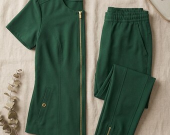 Green Zip Front Scrub Set Women's Slim Fit Healthcare Uniform Stretch Fabric Skymi Pro