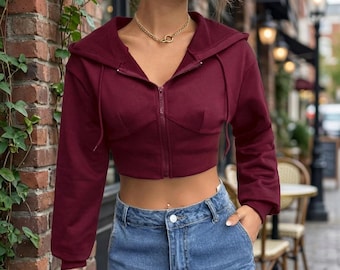 Burgundy Cropped Zip Hoodie – Slim Fit Streetwear Jacket, Casual Fashion Top
