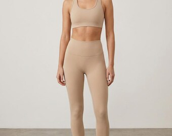 Skymi Pro Nude Beige Yoga Set - High Waisted Seamless Leggings and Sports Bra Two Piece Workout Outfit - Aesthetic Athletic Wear for Women