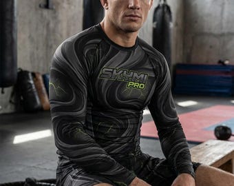 Skymi Pro Men's Electric Storm Long Sleeve Rash Guard, BJJ MMA Compression Shirt