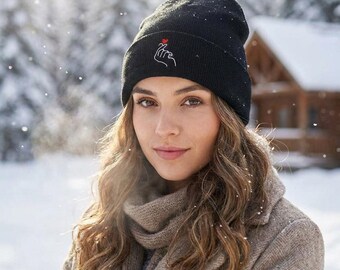 Skymi Pro Embroidered Finger Heart Beanie – Minimalist K-Pop Style Acrylic Winter Hat