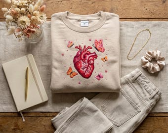 Embroidered Anatomical Heart Sweatshirt with Butterflies – Quality Cotton