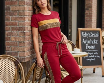 Maroon Leopard Print Tracksuit Set – Two-Piece Athletic Lounge Outfit