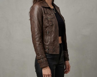 Brown Leather Biker Jacket | Slim Fit Vintage Moto Style Streetwear