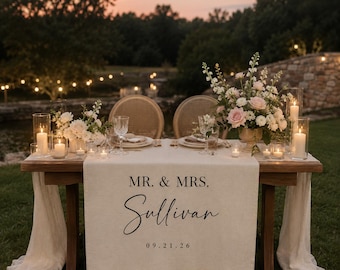 Individuell gestalteter Tischläufer für die Hochzeit, personalisiertes Willkommensschild aus Stoff, Dekoration für den Brauttisch, Dekoration für die Hochzeitsfeier, individuell gestaltetes Zeremoniebanner