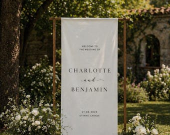Benutzerdefinierte Hochzeit Stoff Zeichen, personalisierte Leinen Willkommensschild, Hochzeit Willkommen Banner, moderne im Freien Hochzeitsdekor, Verlobungsfeier Zeichen