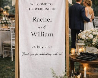 Benutzerdefinierte Stoff Hochzeit Willkommensschild, personalisierte Leinen Banner, benutzerdefinierte Hochzeit Eingangsdekor, modernes Empfang Willkommensschild