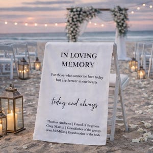 Pode incluir: Uma cerimónia de casamento na praia com cadeiras brancas, lanternas e um arco floral. Um sinal diz "IN LOVING MEMORY" com nomes abaixo. A cena é definida ao pôr do sol com luzes de corda e o oceano ao fundo.