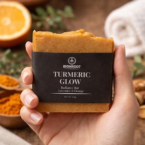 May include: A turmeric radiance bar, held in a hand, with a black label that reads "Turmeric Glow" and "Lavender & Orange." The bar is a warm yellow-orange colour. The net weight is 120g.