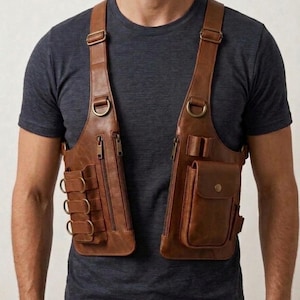 May include: Brown leather shoulder holster with multiple pockets and compartments. Features adjustable straps, metal hardware, and a zippered main compartment. The holster is designed to be worn across the chest and back.