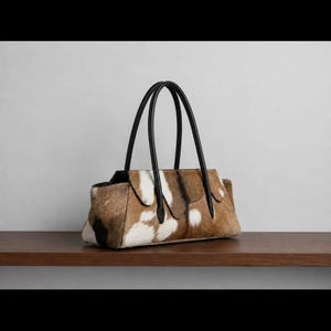 May include: A structured handbag featuring a cowhide exterior with a brown, black, and white spotted pattern. The bag includes two thin, black leather handles attached to the top, a rectangular base, and a flap closure with visible stitching.