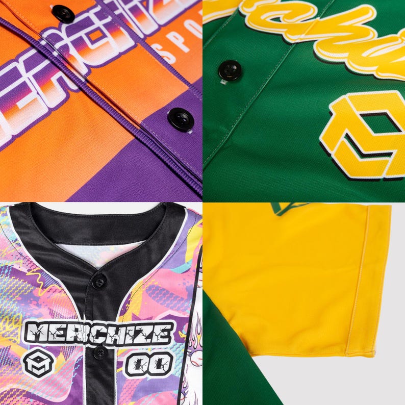 May include: Close-up of four baseball jerseys in different colour combinations. The jerseys feature various designs, including text and graphics. Colours include orange, purple, green, and yellow. Each jersey has black buttons and a collar.