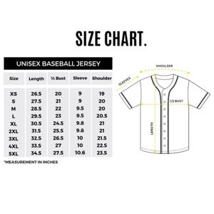 May include: A size chart for a unisex baseball jersey, with measurements in inches. The chart includes sizes XS to 5XL, detailing length, bust, sleeve, and shoulder dimensions. A diagram of the jersey illustrates the measurement points.