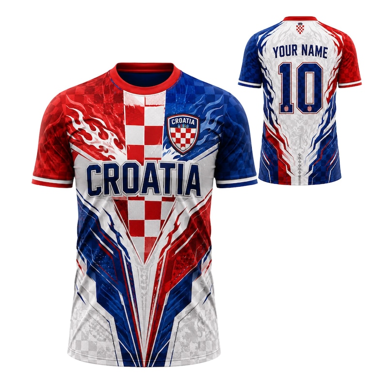 May include: A short-sleeved jersey featuring a red and white checkered pattern, blue flame accents, and the word CROATIA printed on the front. The back displays the text YOUR NAME above the number 10, with a small Croatian crest at the neckline.