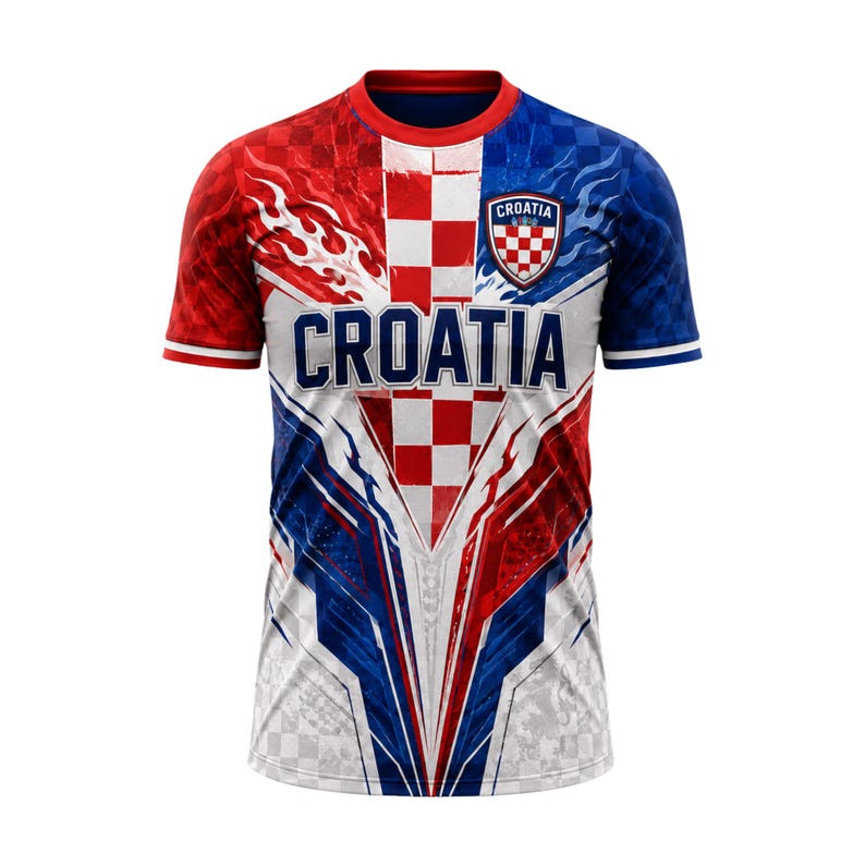 May include: A short-sleeve crew neck t-shirt featuring a red and blue color scheme with a central white vertical stripe containing a red checkerboard pattern. The word CROATIA is printed in large dark blue letters above a Croatia national crest.