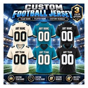 May include: Six custom football jerseys in white, teal, and black, displayed in two rows. Each jersey features the text ANY NAME or ANY TEAM and the number 00. The top text reads CUSTOM FOOTBALL JERSEY, with a badge indicating 3 COLOR OPTIONS.