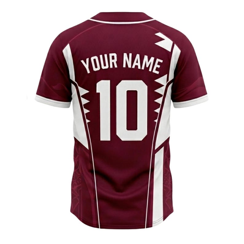 May include: Maroon baseball jersey with white detailing and trim. The back displays the text "YOUR NAME" above the number "10" in white. The jersey has short sleeves and a button-up front.