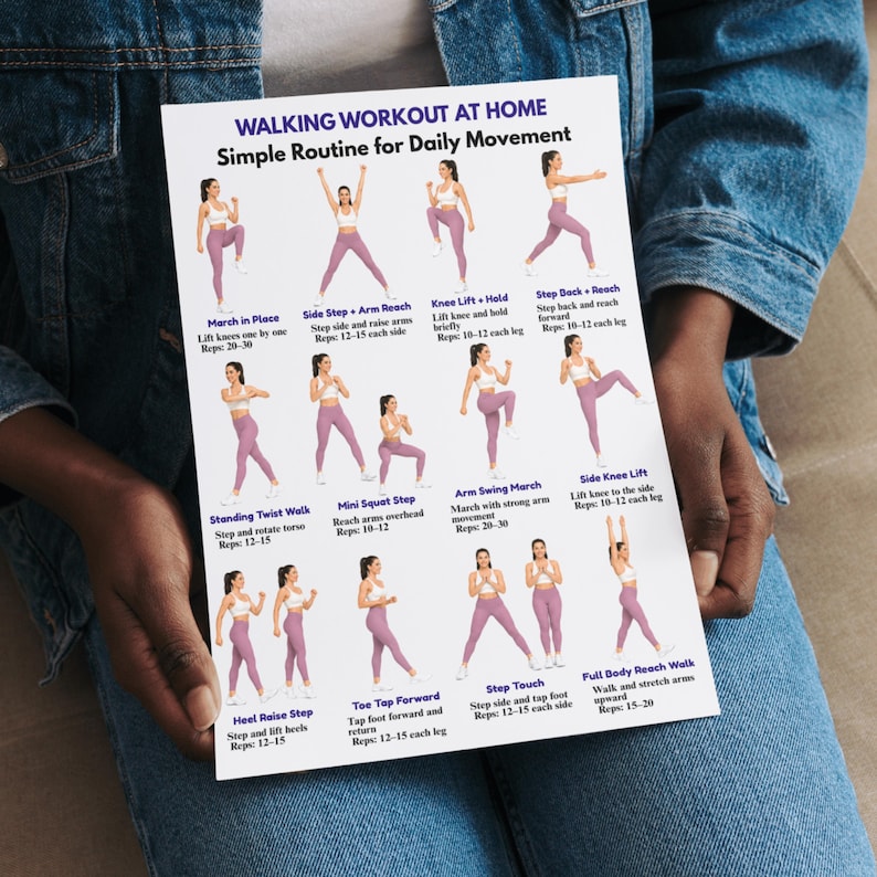May include: A white printed workout guide titled "WALKING WORKOUT AT HOME" with a simple routine for daily movement. The guide features illustrations of exercises like marching in place, side steps, and arm reaches. The guide is held by a person wearing a denim jacket.