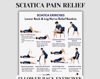 Esercizi per la sciatica stampabili, tabella per alleviare il mal di schiena, routine di stretching e mobilità per i nervi, PDF di fisioterapia