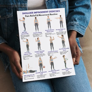 May include: A white poster titled "SHOULDER IMPINGEMENT EXERCISES" with illustrations of exercises for pain relief and movement. The poster includes instructions for Wall Slide, Scapular Setting, and other exercises.