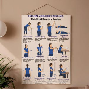 May include: A poster titled "FROZEN SHOULDER EXERCISES Mobility & Recovery Routine" with illustrations of exercises. The exercises include Pendulum Circles, Wall Walk, Stick External Rotation, Towel Internal Rotation Stretch, and more. The poster is on a beige wall.