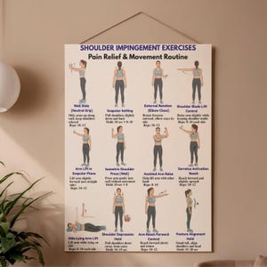 May include: A white poster with black text and illustrations of shoulder impingement exercises. The poster includes exercises like Wall Slide, Scapular Setting, External Rotation, and Arm Lift. The exercises are designed for pain relief and movement.