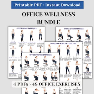 May include: A digital Office Wellness Bundle featuring four printable PDF pages with 48 illustrated office exercises. Each page displays step-by-step instructions and diagrams of a person in a white shirt and dark pants performing various movements.
