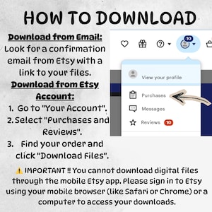 Pode incluir: Um guia sobre como baixar arquivos do Etsy, com instru&ccedil;&otilde;es sobre como baixar por e-mail e pela conta do Etsy. A imagem inclui uma captura de tela do menu da conta do Etsy, destacando a se&ccedil;&atilde;o "Compras". O texto desaconselha o uso do aplicativo m&oacute;vel.