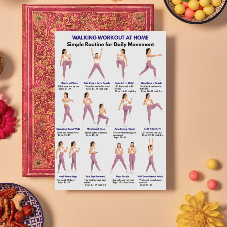 May include: A fitness poster titled "Walking Workout at Home" with a simple routine for daily movement. The poster features illustrated exercises like marching in place, side steps, knee lifts, and arm swings. The exercises are demonstrated by a person in purple activewear.