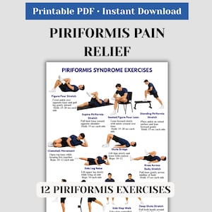 Könnte beinhalten: Ein druckbares PDF mit 12 Übungen für das Piriformis-Syndrom zur Schmerzlinderung. Das Bild zeigt illustrierte Übungen mit Anweisungen, einschließlich Dehnungen wie Figure Four, Supine Piriformis und Glute Bridge. Der Text oben lautet "Druckbares PDF • Sofort-Download."