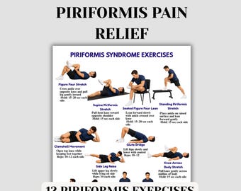 Esercizi per la sindrome del piriforme stampabili, tabella per il sollievo dal dolore sciatico, routine di stretching profondo per i glutei, PDF sulla terapia della mobilità dell'anca